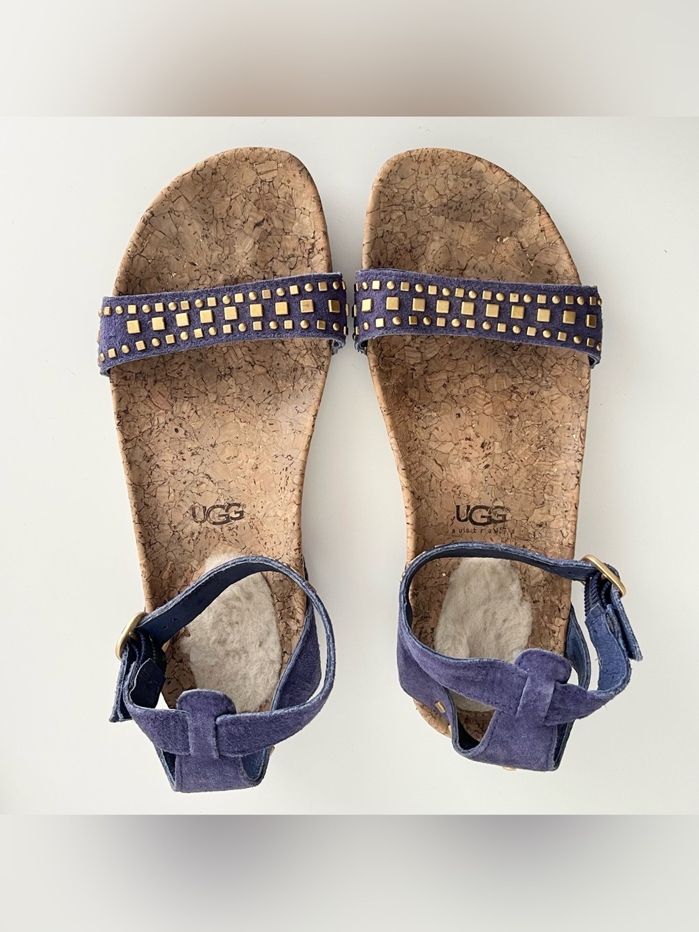 UGG Australia Women's Purple Suede Flat Sandals Studded Cork Ankle Strap Size 7